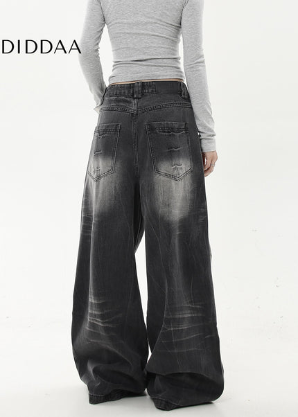 Black Distressed Gradient Lightning Stripe Wide-Leg Jeans - Women’s Jeans