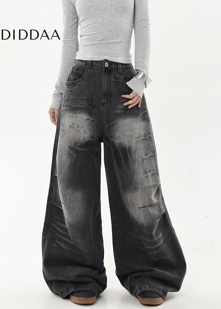 Black Distressed Gradient Lightning Stripe Wide-Leg Jeans - Women’s Jeans