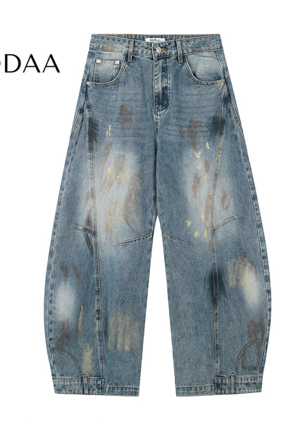 Black Distressed Graffiti Scimitar Wide Leg Jeans - S / Blue - Women’s Jeans