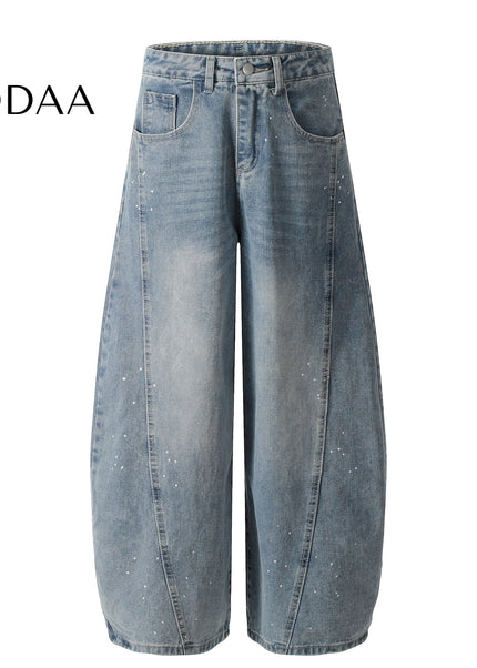 Black Distressed Ink-Splashed Scimitar Wide-Leg Jeans - S / Blue - Women’s Jeans