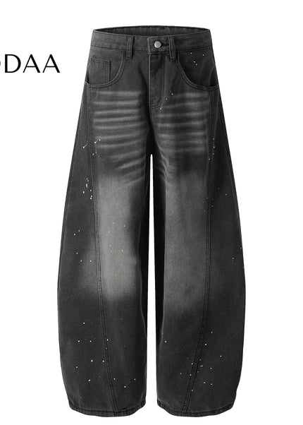 Black Distressed Ink-Splashed Scimitar Wide-Leg Jeans - S / Black - Women’s Jeans