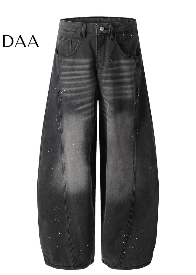 Black Distressed Ink-Splashed Scimitar Wide-Leg Jeans - S / Black - Women’s Jeans