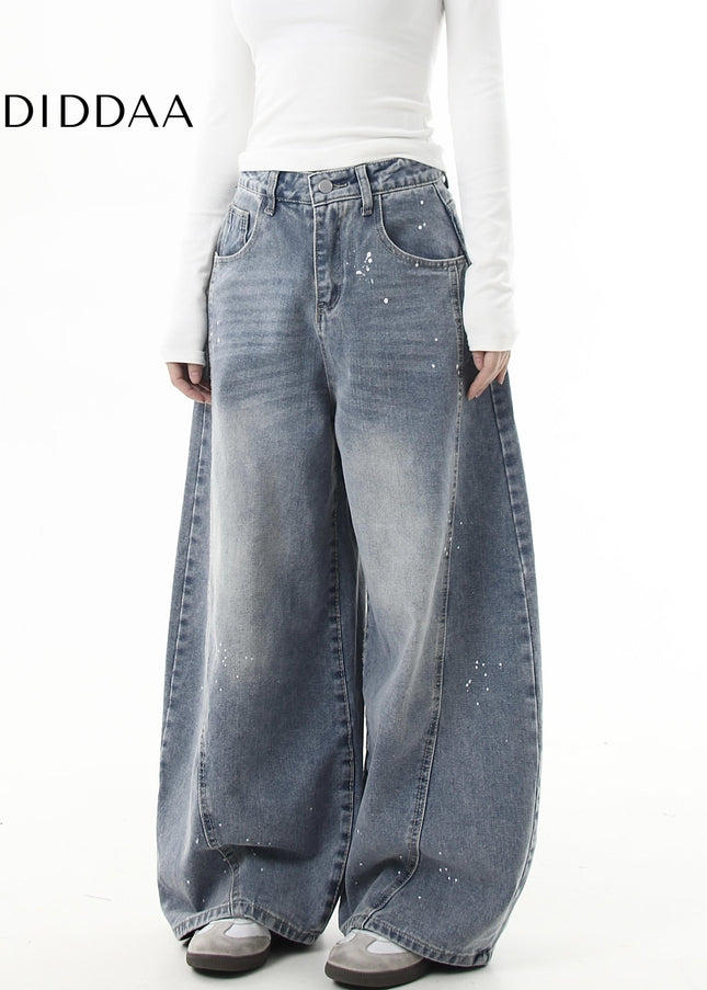 Black Distressed Ink-Splashed Scimitar Wide-Leg Jeans - Women’s Jeans