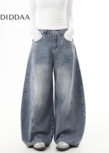 Black Distressed Ink-Splashed Scimitar Wide-Leg Jeans - Women’s Jeans