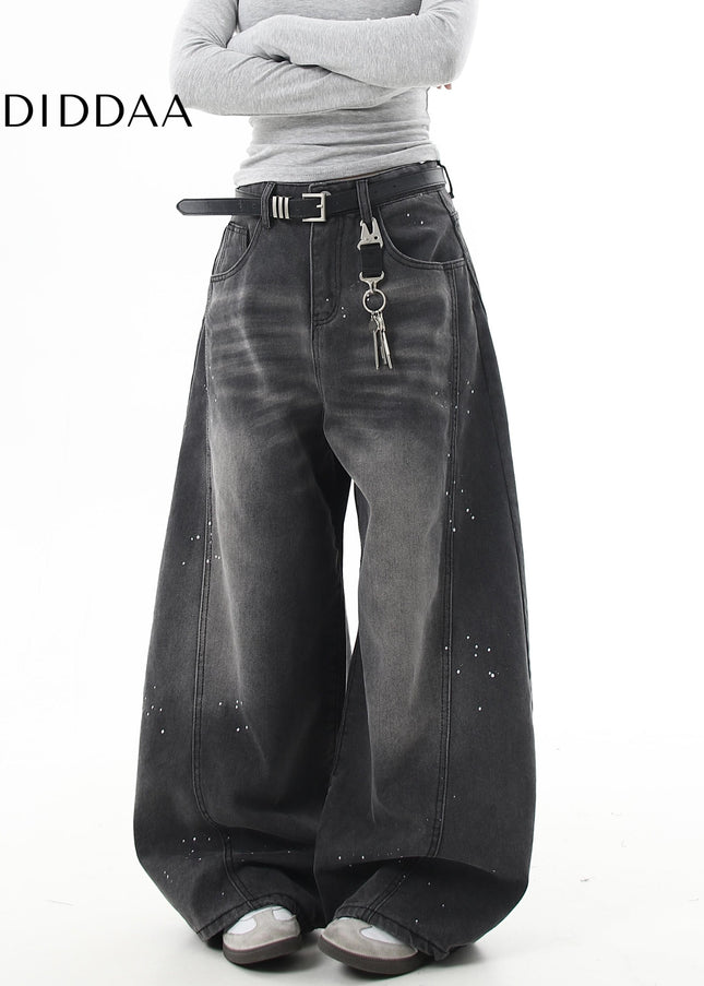 Black Distressed Ink-Splashed Scimitar Wide-Leg Jeans - Women’s Jeans