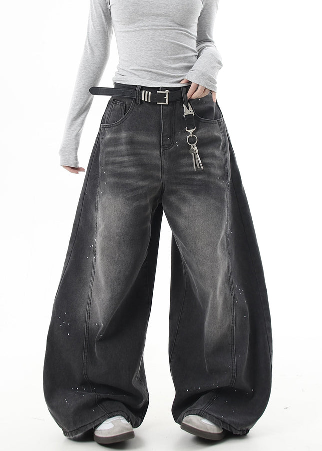Black Distressed Ink-Splashed Scimitar Wide-Leg Jeans - Women’s Jeans