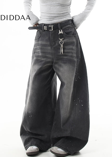 Black Distressed Ink-Splashed Scimitar Wide-Leg Jeans - Women’s Jeans