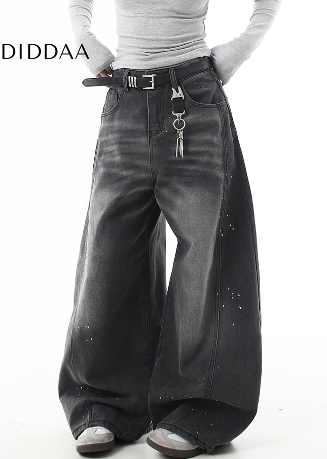Black Distressed Ink-Splashed Scimitar Wide-Leg Jeans - Women’s Jeans