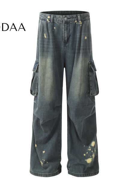 Black Distressed Multi-Pocket Wide-Leg Cargo Jeans - S / Blue - Women’s Jeans