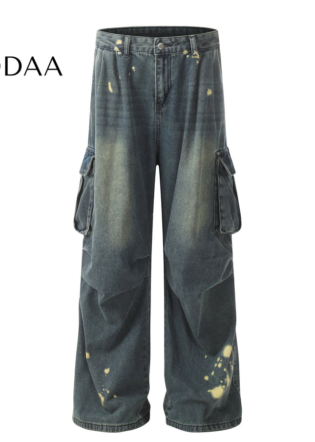 Black Distressed Multi-Pocket Wide-Leg Cargo Jeans - S / Blue - Women’s Jeans