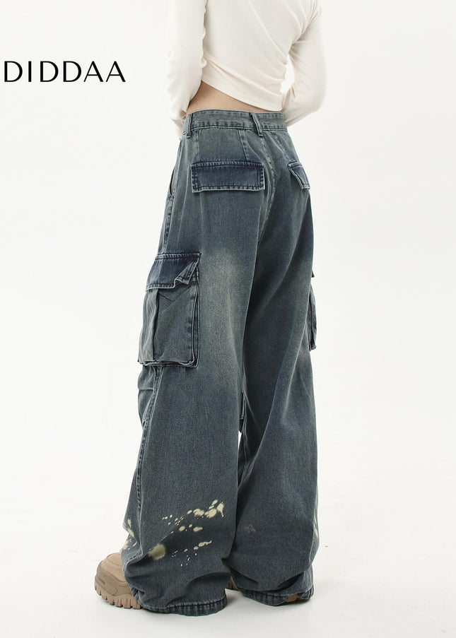 Black Distressed Multi-Pocket Wide-Leg Cargo Jeans - Women’s Jeans