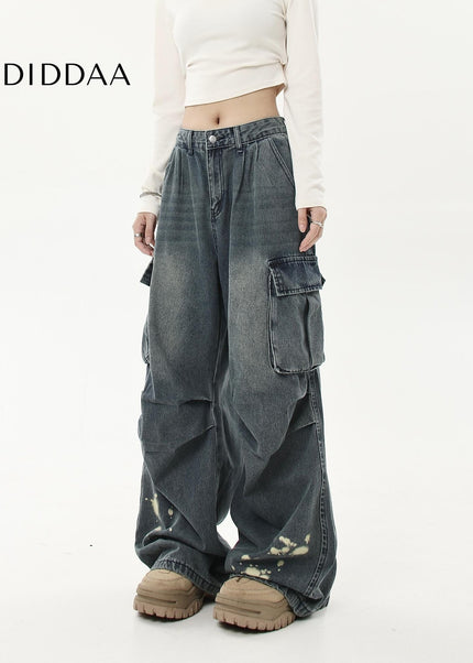 Black Distressed Multi-Pocket Wide-Leg Cargo Jeans - Women’s Jeans