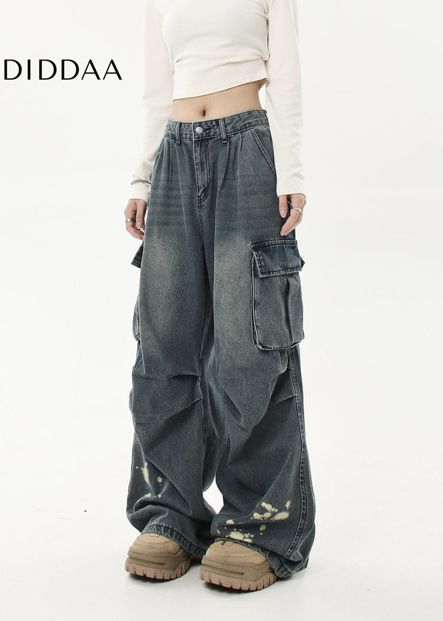 Black Distressed Multi-Pocket Wide-Leg Cargo Jeans - Women’s Jeans