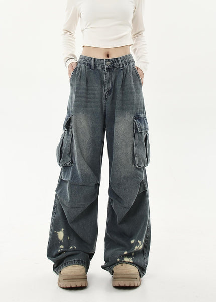 Black Distressed Multi-Pocket Wide-Leg Cargo Jeans - Women’s Jeans