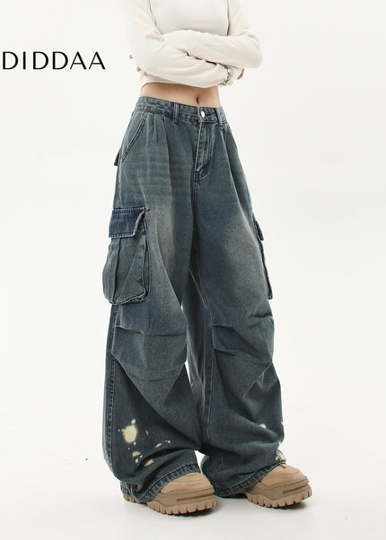 Black Distressed Multi-Pocket Wide-Leg Cargo Jeans - Women’s Jeans