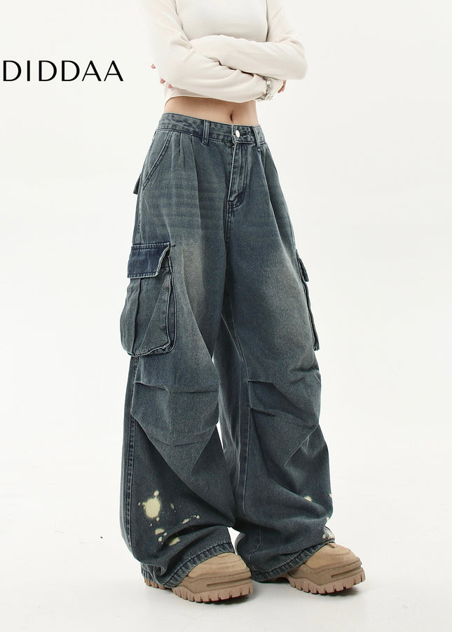 Black Distressed Multi-Pocket Wide-Leg Cargo Jeans - Women’s Jeans