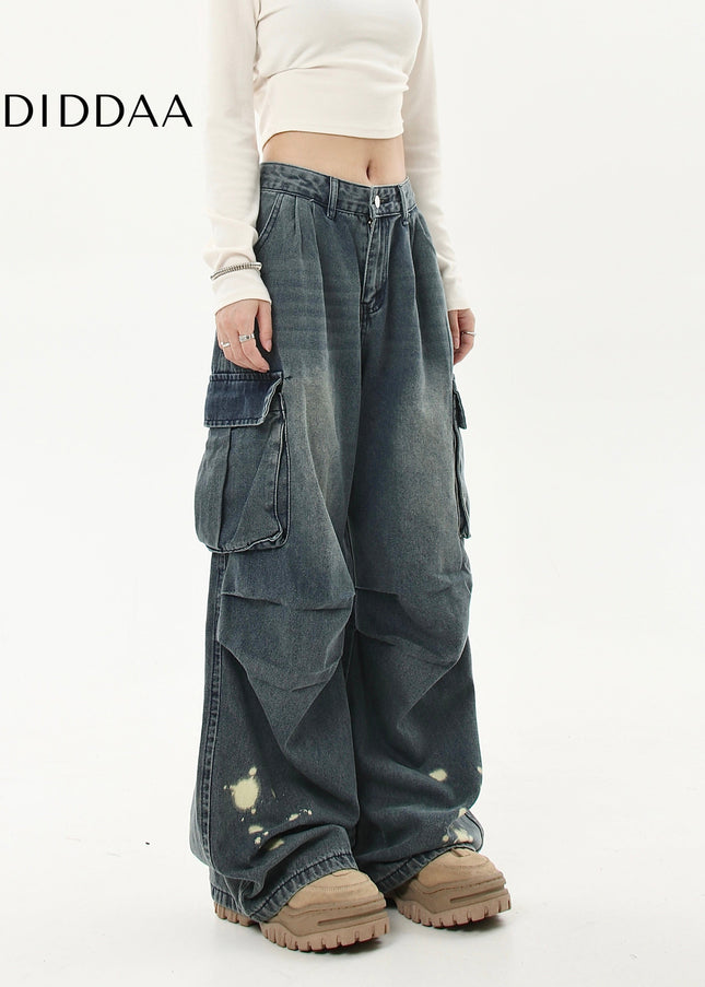 Black Distressed Multi-Pocket Wide-Leg Cargo Jeans - Women’s Jeans