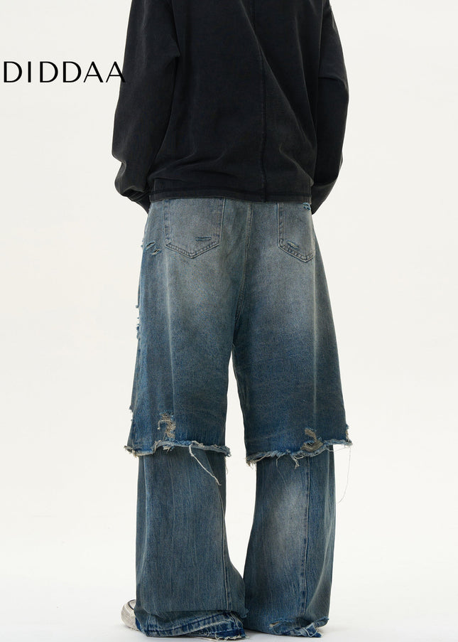 Black Distressed Panelled Straight-Leg Slacks - Men’s Jeans