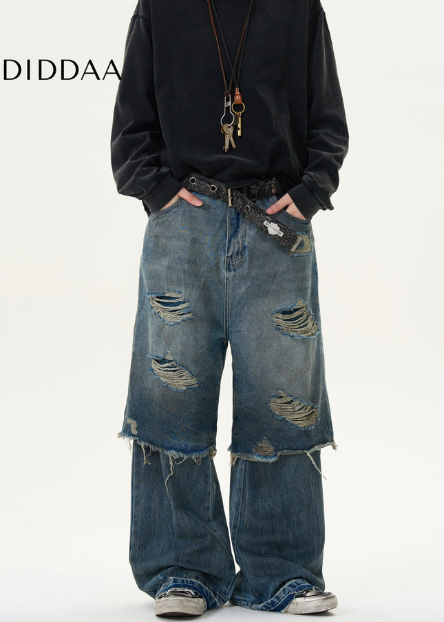 Black Distressed Panelled Straight-Leg Slacks - Men’s Jeans