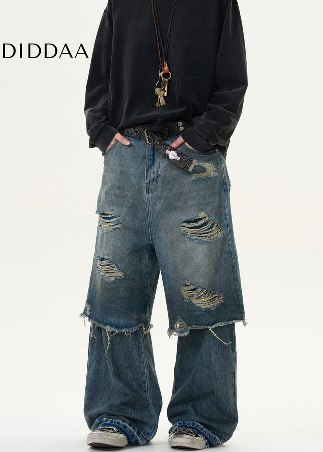 Black Distressed Panelled Straight-Leg Slacks - Men’s Jeans
