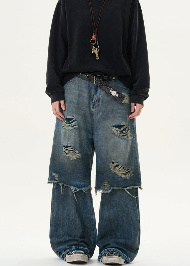 Black Distressed Panelled Straight-Leg Slacks - Men’s Jeans