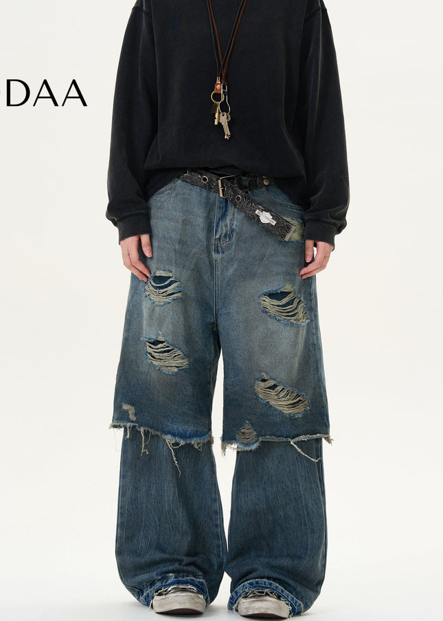 Black Distressed Panelled Straight-Leg Slacks - S / Dark Blue - Men’s Jeans