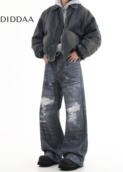Black Distressed Ripped Loose Straight Jeans - Women’s Jeans