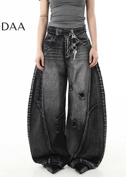 Black Distressed Ripped Scimitar Wide Leg Jeans - S / Black - Women’s Jeans