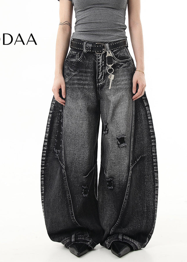 Black Distressed Ripped Scimitar Wide Leg Jeans - S / Black - Women’s Jeans