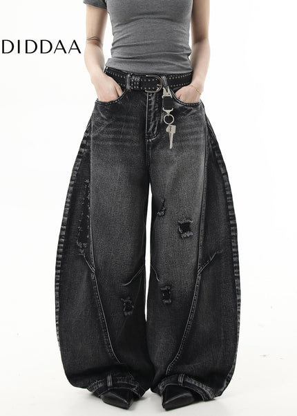Black Distressed Ripped Scimitar Wide Leg Jeans - Women’s Jeans