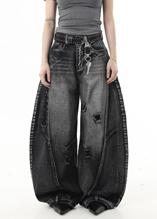 Black Distressed Ripped Scimitar Wide Leg Jeans - Women’s Jeans