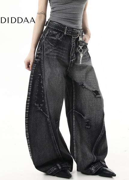 Black Distressed Ripped Scimitar Wide Leg Jeans - Women’s Jeans