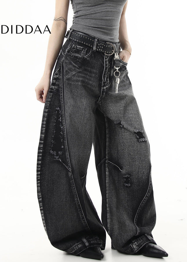 Black Distressed Ripped Scimitar Wide Leg Jeans - Women’s Jeans