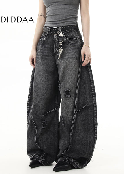 Black Distressed Ripped Scimitar Wide Leg Jeans - Women’s Jeans