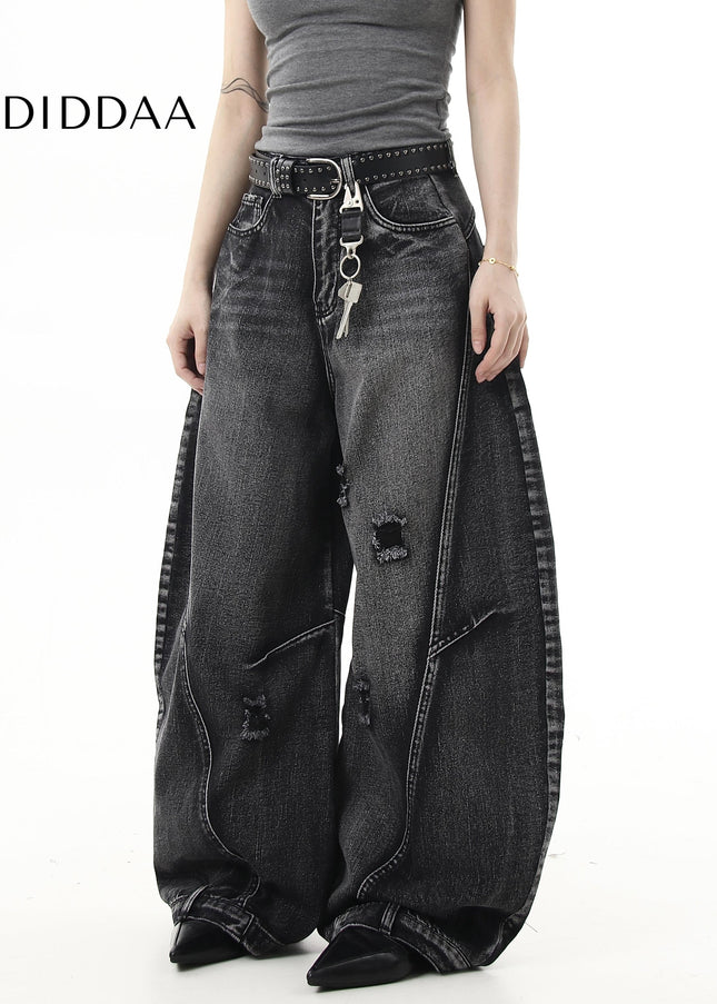 Black Distressed Ripped Scimitar Wide Leg Jeans - Women’s Jeans