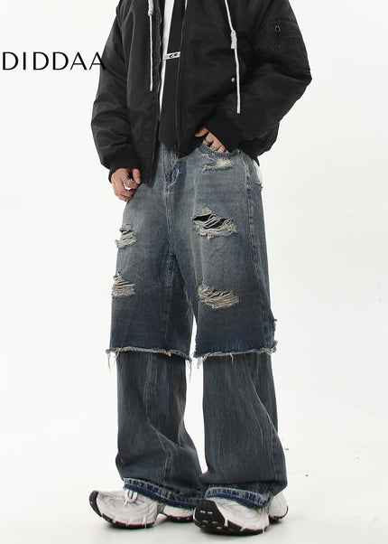 Black Distressed Ripped Two-Piece Straight-Leg Jeans - Women’s Jeans