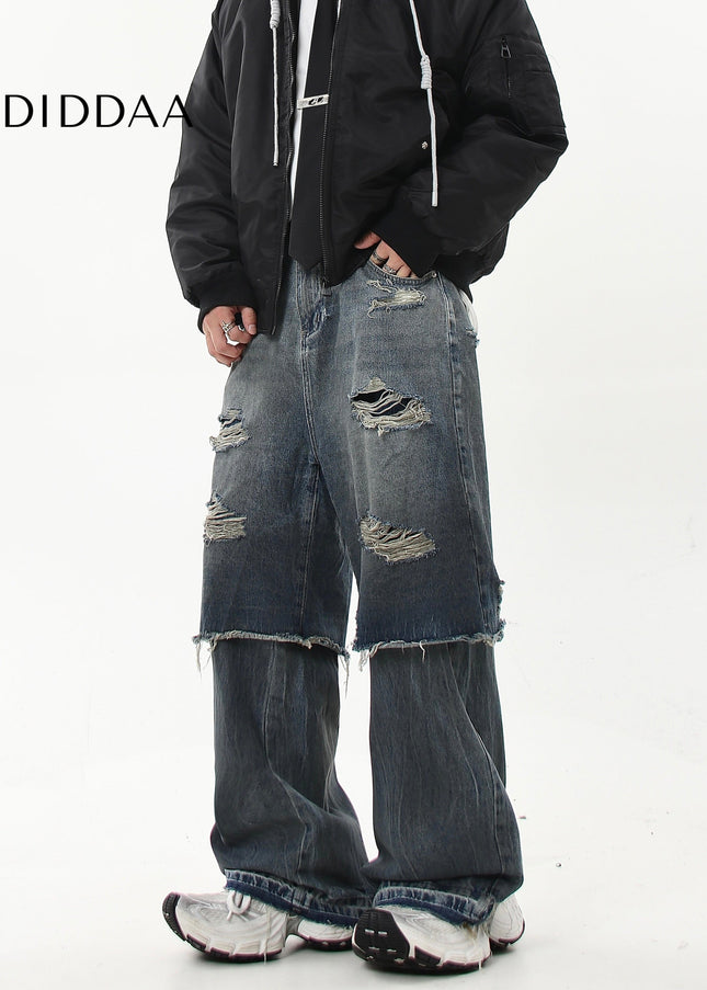 Black Distressed Ripped Two-Piece Straight-Leg Jeans - Women’s Jeans