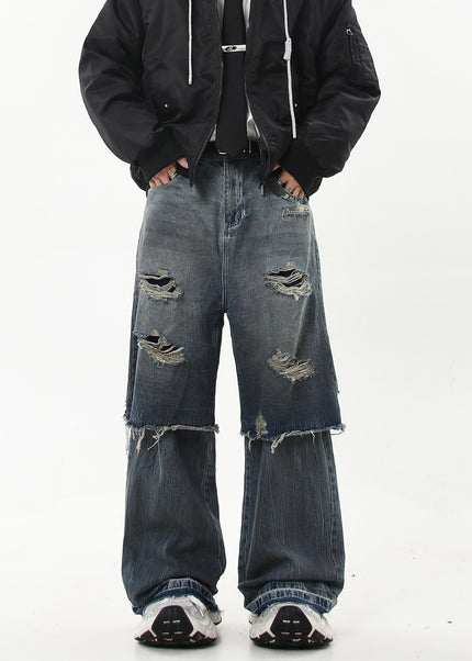 Black Distressed Ripped Two-Piece Straight-Leg Jeans - Women’s Jeans