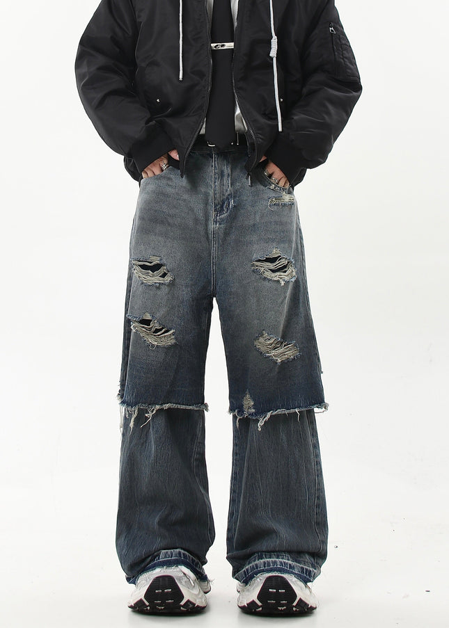 Black Distressed Ripped Two-Piece Straight-Leg Jeans - Women’s Jeans