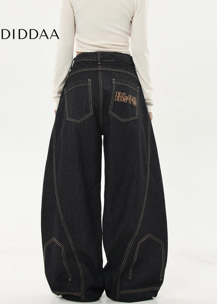Black Embroidered Loose Wide-Leg Scimitar Jeans - Women’s Jeans