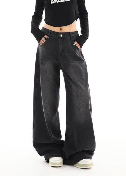 Black Gray Distressed Wide Leg Jeans Women’s Retro Tide - Women’s Jeans