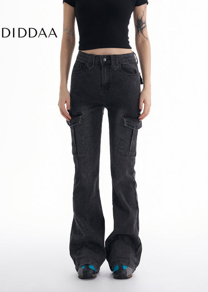 Black Gray Micro Flare Cargo Jeans Women’s Slimming Pants - Women’s Jeans