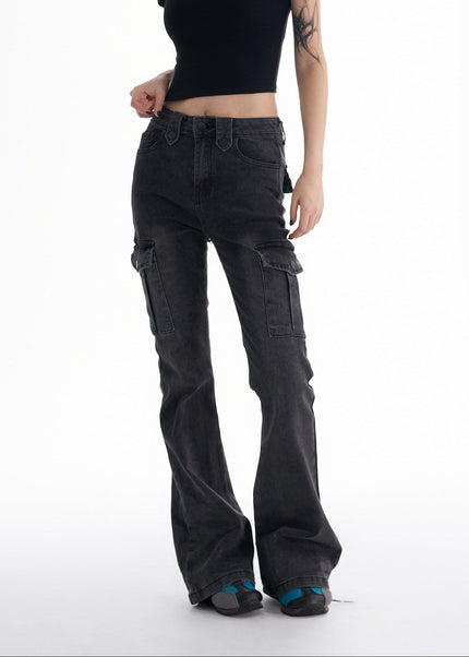 Black Gray Micro Flare Cargo Jeans Women’s Slimming Pants - Women’s Jeans