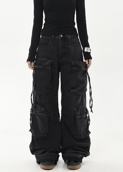Black Heavy Wash Multi-Pocket Cargo Jeans - Women’s Jeans