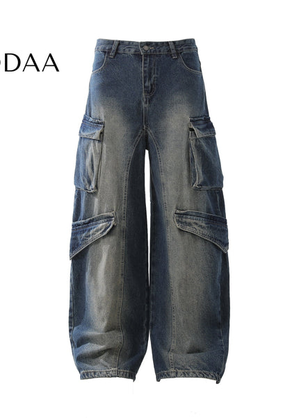 Black Heavy Washed Multi-Pocket Cargo Scimitar Pants - S / Blue - Women’s Jeans