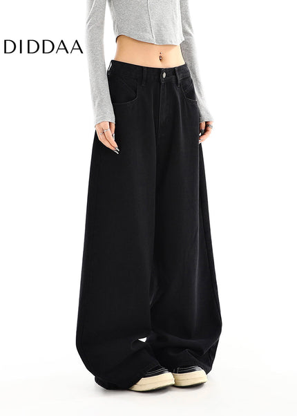 Black High Waist Loose Drap Wide-Leg Jeans for Women - Women’s Jeans