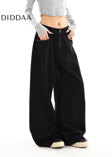 Black High Waist Loose Drap Wide-Leg Jeans for Women - Women’s Jeans