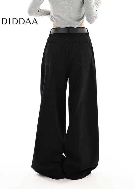 Black High Waist Loose Drap Wide-Leg Jeans for Women - Women’s Jeans