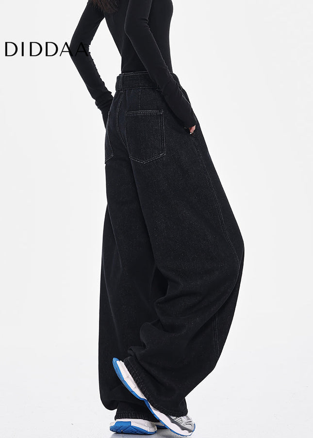 Black High Waist Retro Loose Wide-leg Jeans - Women’s Jeans