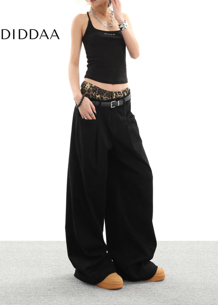 Black Leopard Print Panel Wide Leg Casual Pants - Women’s Jeans